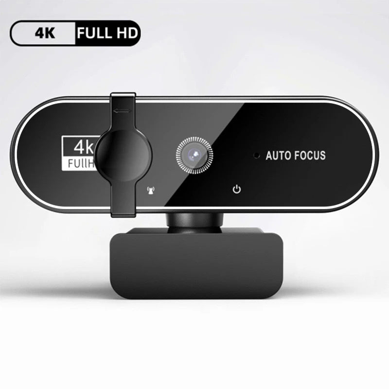 Black 4K Ultra HD autofocus webcam with a privacy cover and built-in microphone on a stand.
