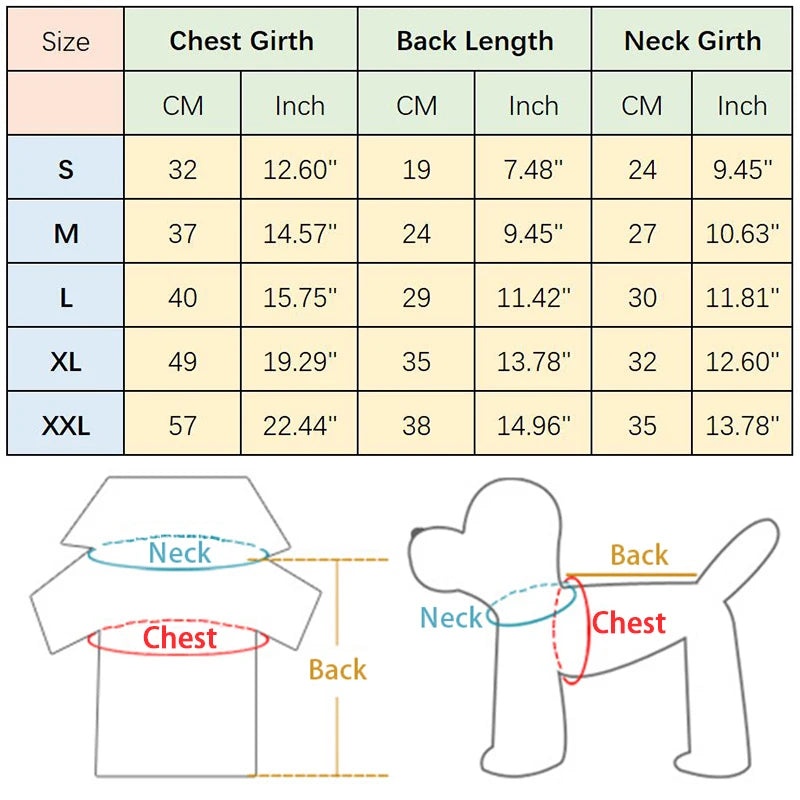 Dog hoodie size chart table with measurements for chest, back length, and neck in centimeters and inches.