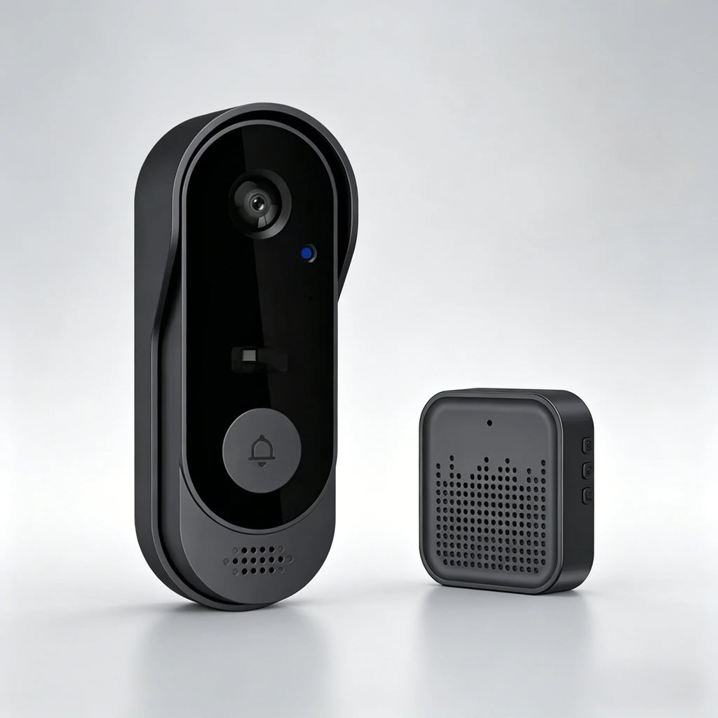 Black 1080p smart video doorbell with glossy camera lens, central bell button, and matching wireless chime unit.