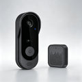 Black 1080p smart video doorbell with glossy camera lens, central bell button, and matching wireless chime unit.