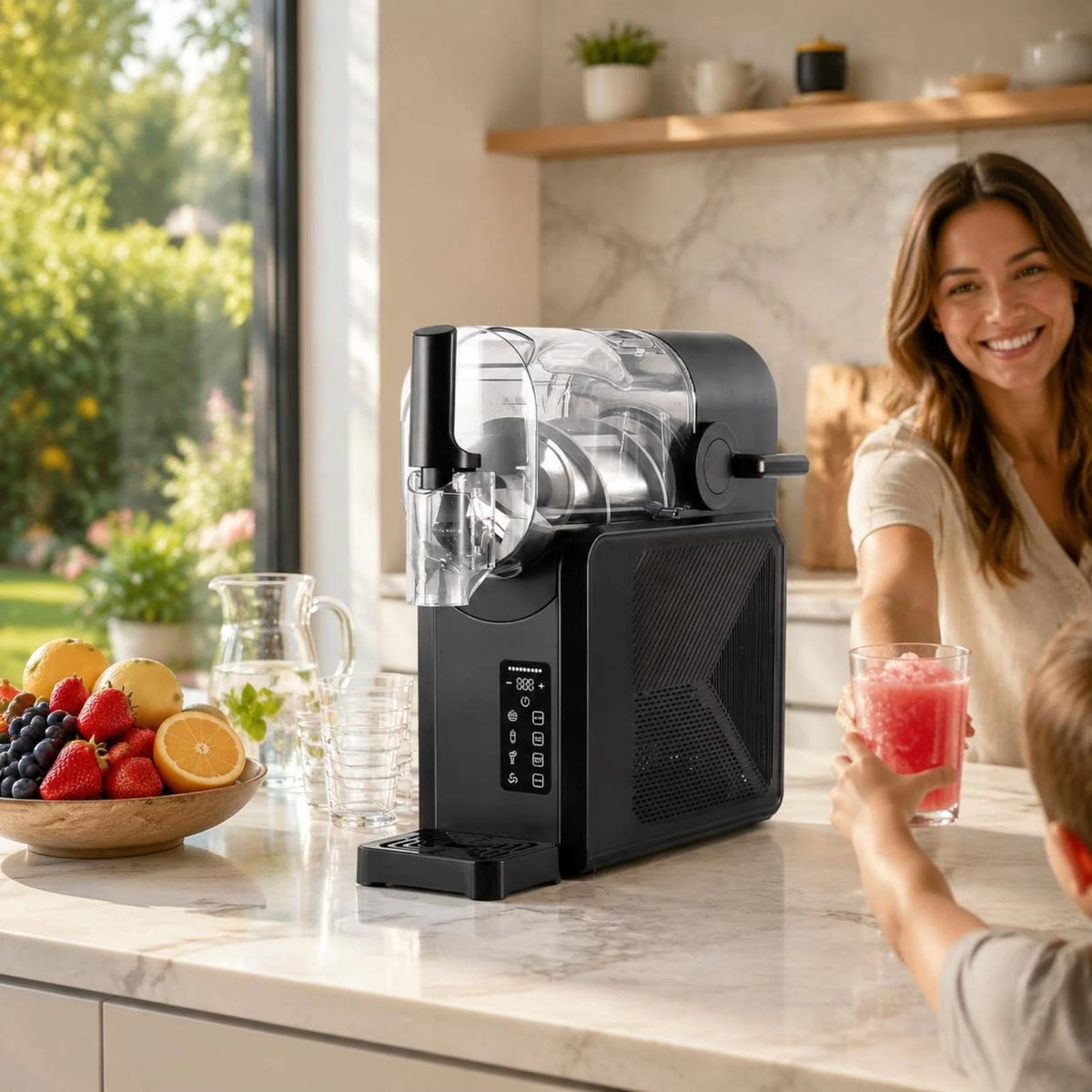 Black countertop slush machine with a clear tank, digital display, and drip tray on a kitchen counter.