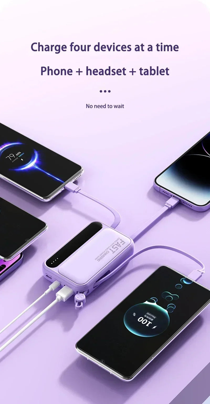 Lilac portable power bank with built-in cables, simultaneously charging four devices on a matching purple background.