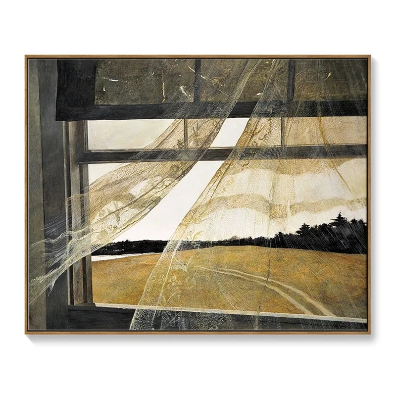 Framed wall art meter box cover featuring an impressionist window view with blowing curtains over a golden field.