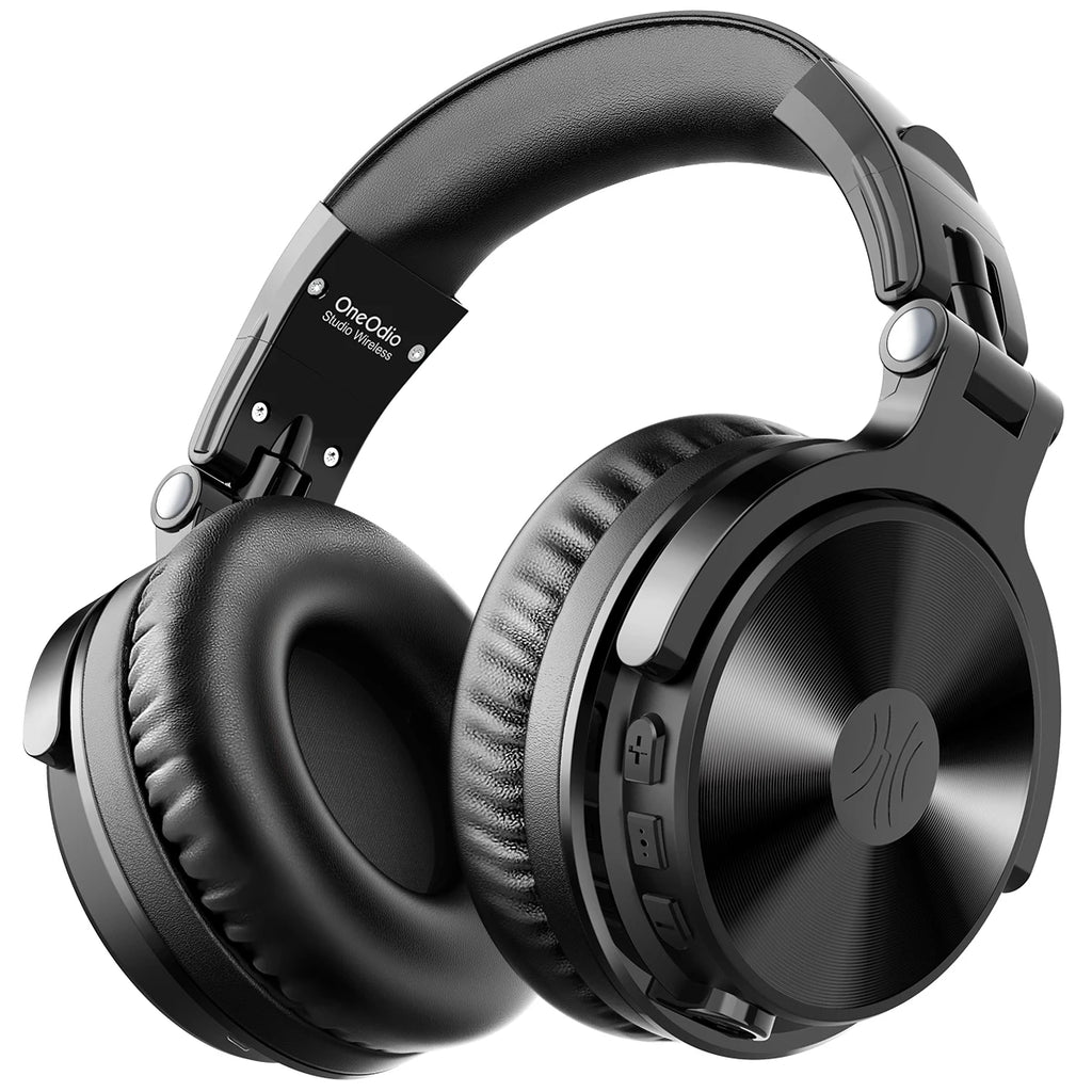 Black wireless over-ear headphones with plush ear cushions, side control buttons and a durable, adjustable headband.