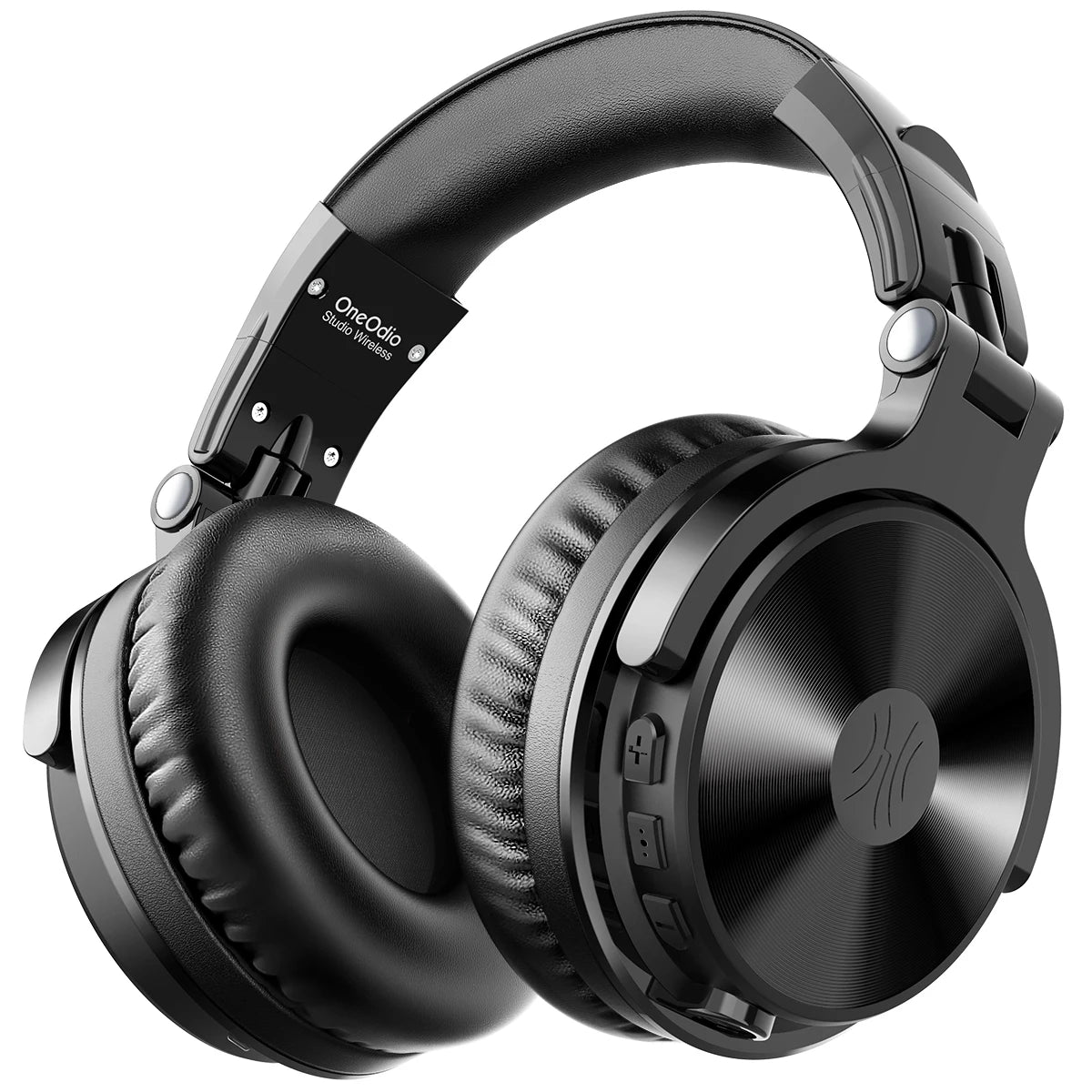 Black wireless over-ear headphones with plush ear cushions, side control buttons and a durable, adjustable headband.