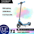 Blue and black electric scooter for kids with blue handlebars, deck, and front fork, featuring a kickstand and solid wheels.