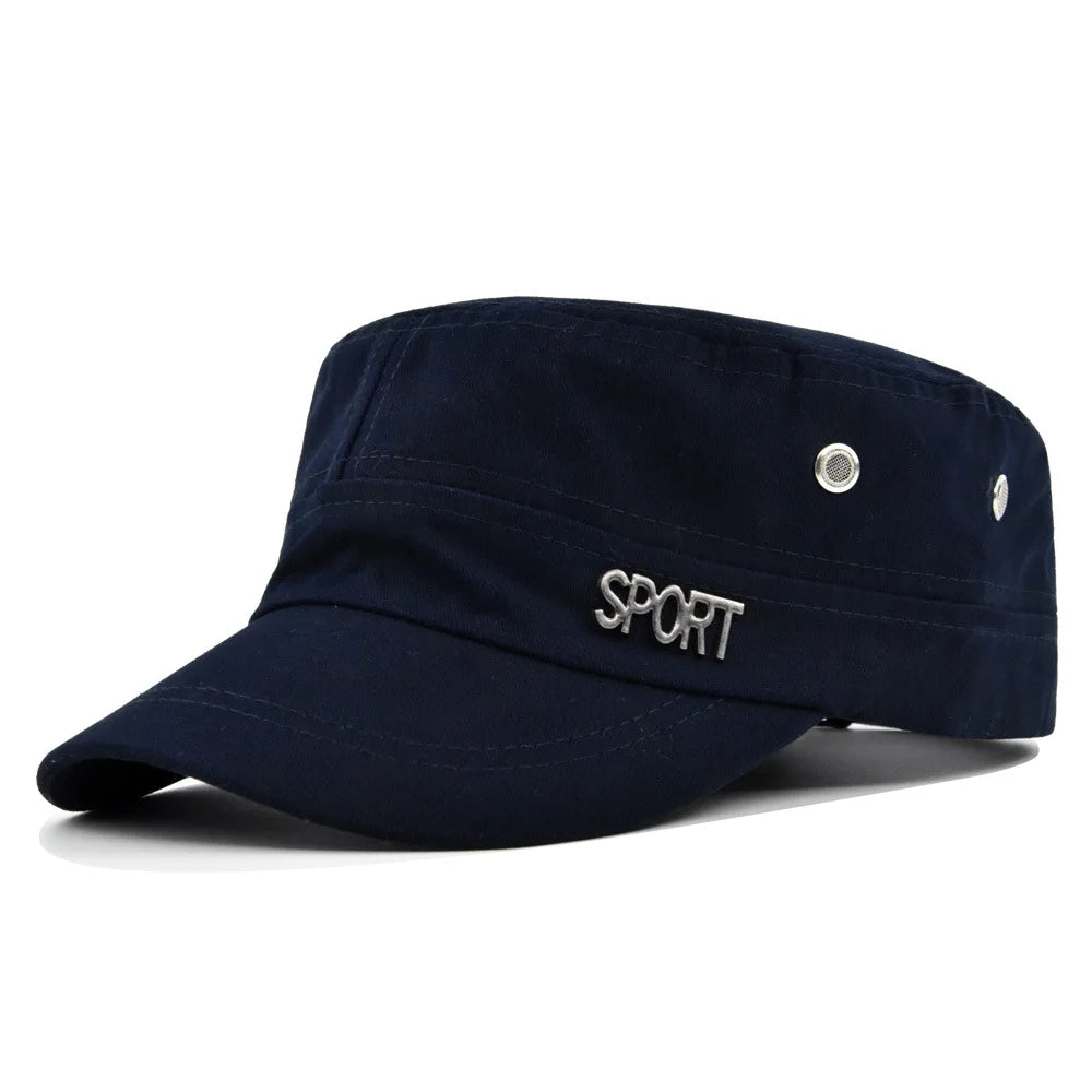 Navy blue unisex military-style flat cap with a curved brim, side eyelets, and metallic 'SPORT' lettering.