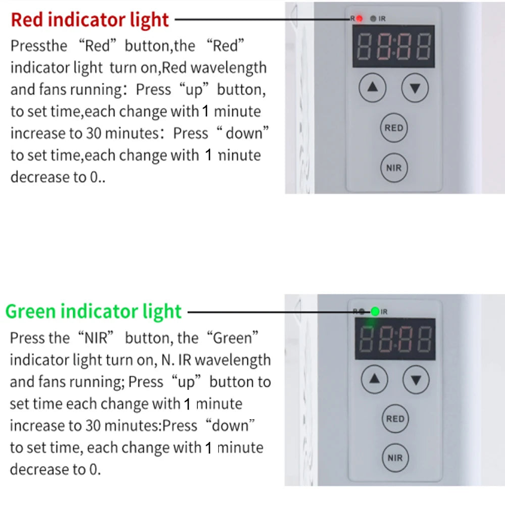 Two panels showing red and green indicator lights on a device with buttons and a digital display, with instructions.
