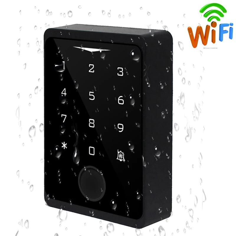 Black waterproof smart keypad door lock with a touchscreen and fingerprint reader.