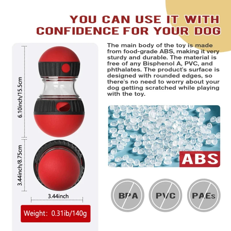 Red and black interactive dog slow feeder toy with food-dispensing holes, shown with size dimensions and ABS material.