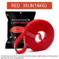 A red, heavy-duty resistance loop band, 35lb (16kg) strength, coiled in front of its branded black retail packaging.