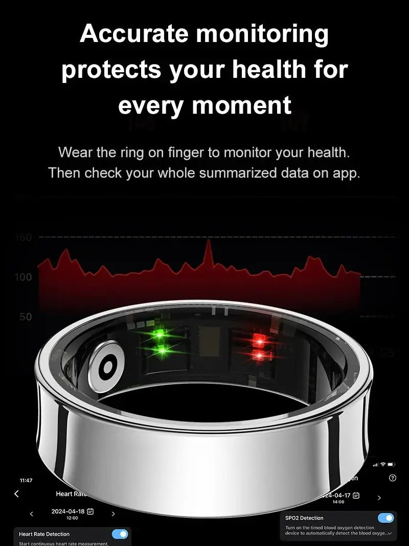 Sleek silver smart health ring with interior sensor lights, set against a background displaying heart rate data.