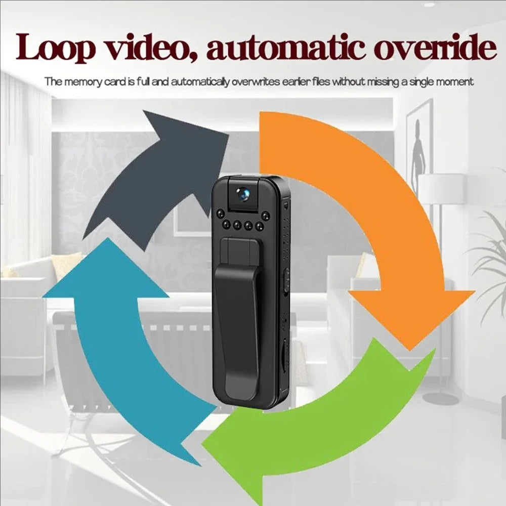 Black plastic portable body camera with a clip, lens, and small light sensors, centered within a loop arrow graphic.