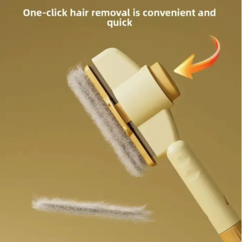 Cream-coloured pet grooming brush with a one-click button to eject matted hair.
