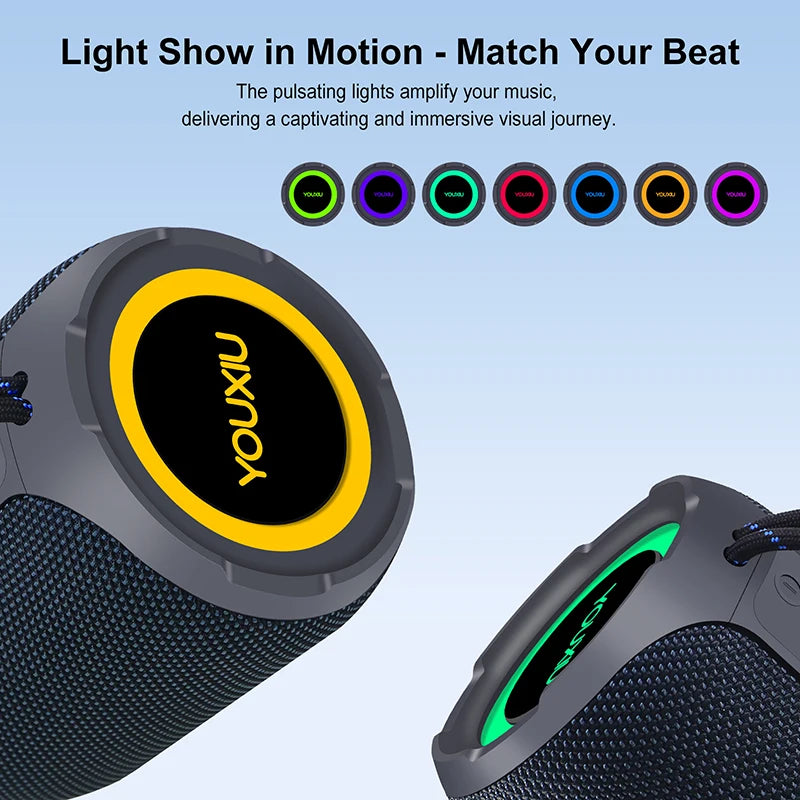 Portable 40W Bluetooth speaker in dark grey with a textured fabric finish and customisable multi-coloured LED lights.
