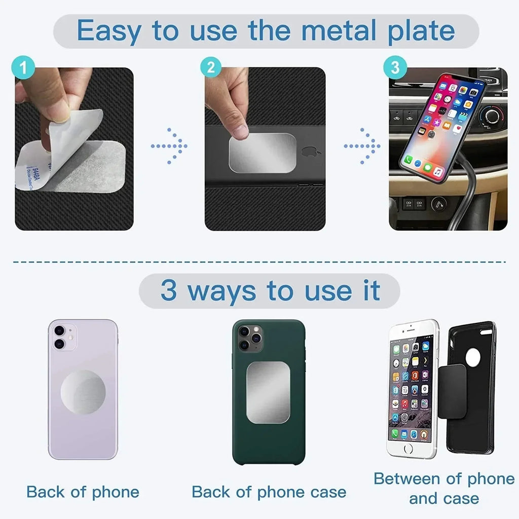 Instructional graphic showing how to apply a silver rectangular metal plate to a phone for magnetic mounting.