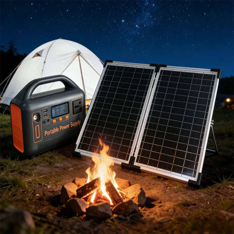 Portable power station and foldable solar panel set up at night by a campfire with a tent in the background.