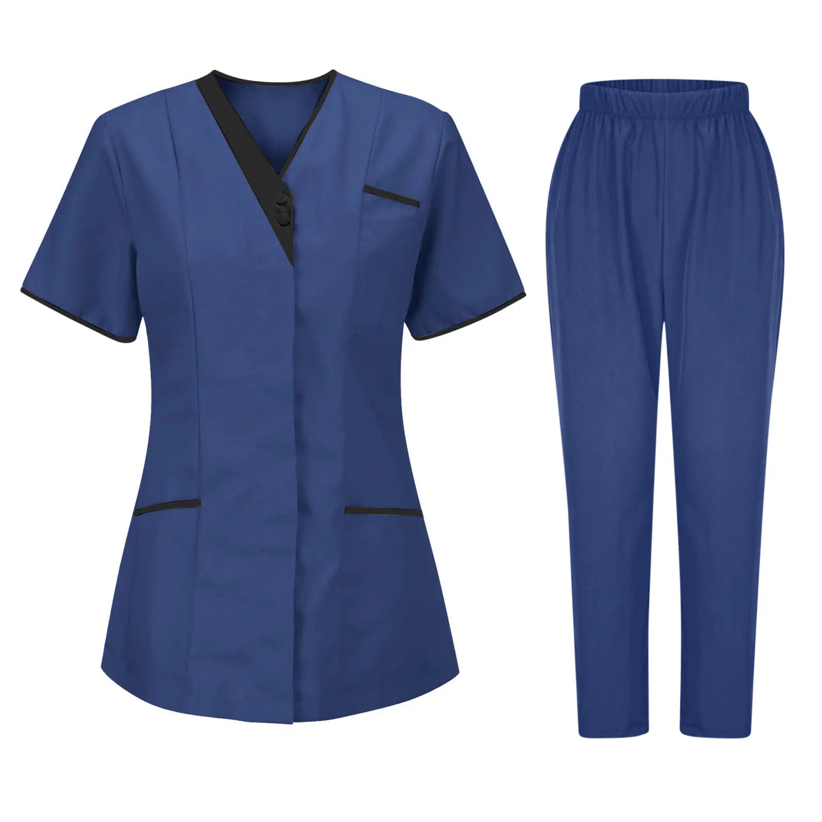 Blue V-neck healthcare uniform set with black trim detail on the top and matching elasticated trousers.