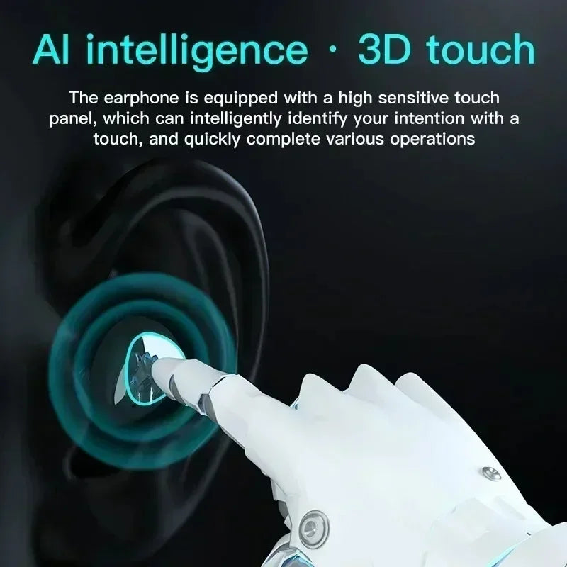 A robotic hand touching a black wireless earbud with a glowing blue light effect. Text: "AI intelligence • 3D touch".