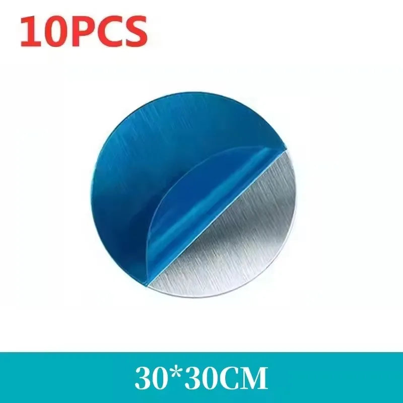 10 pack of 30x30cm round silver-brushed metal discs, each featuring a protective blue adhesive film.