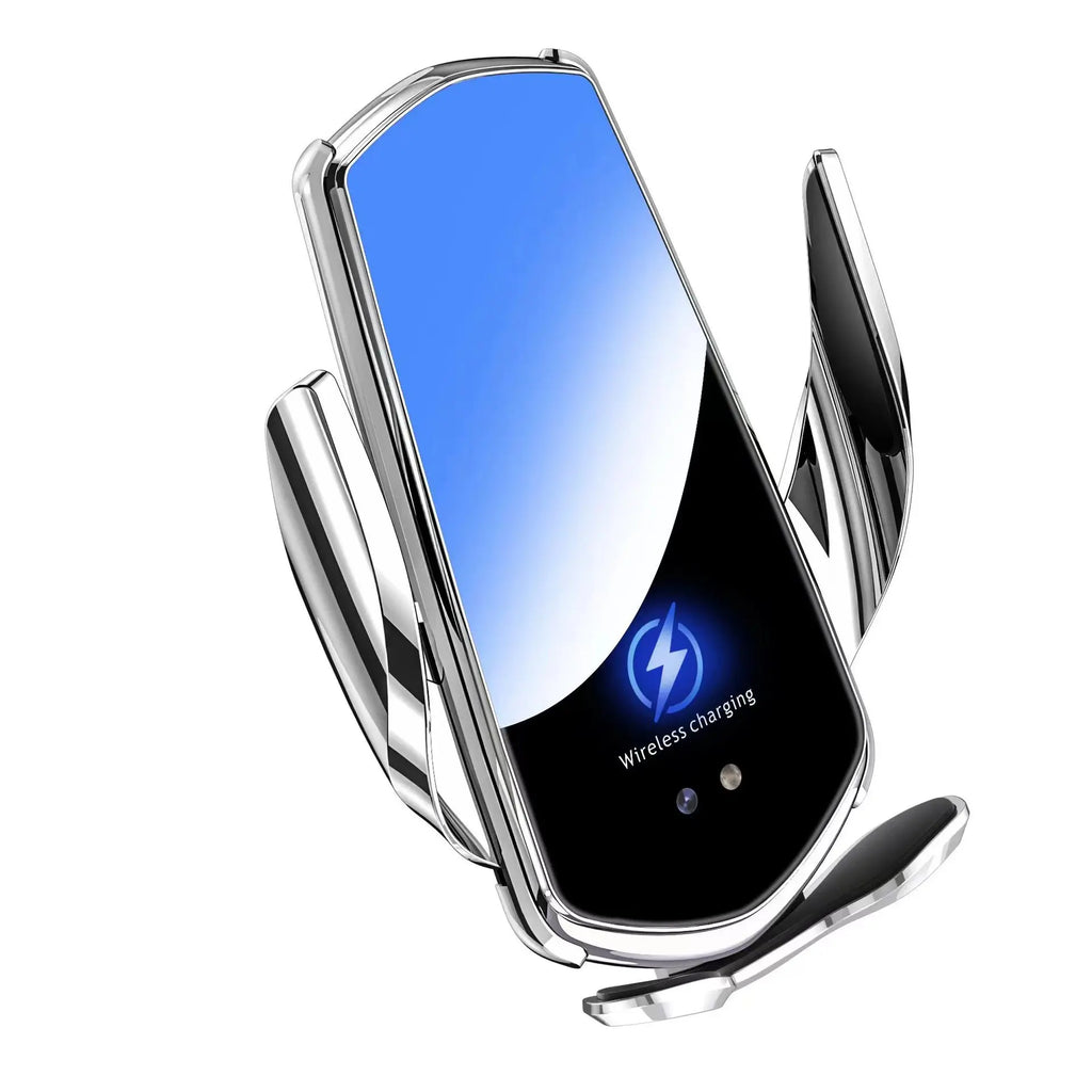 Silver-finish automatic car phone holder with a black wireless charging pad and blue lightning icon.