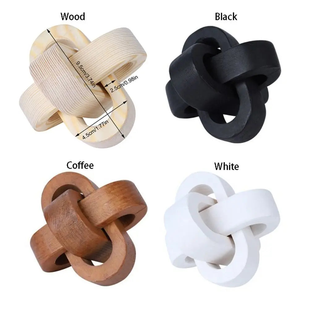 Decorative wooden chain link knot sculptures in wood, black, coffee, and white, measuring approximately 9.5cm in size.