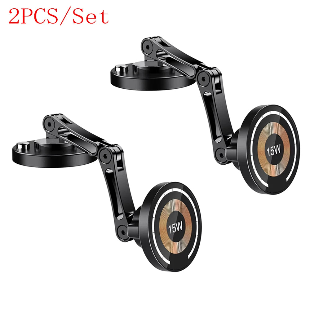 Set of two black, foldable magnetic phone mounts with 15W wireless charging pads and adjustable articulating arms.