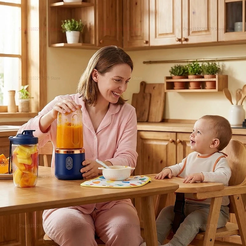 A woman uses a portable, navy blue blender with a copper accent to prepare baby food in a wooden kitchen.