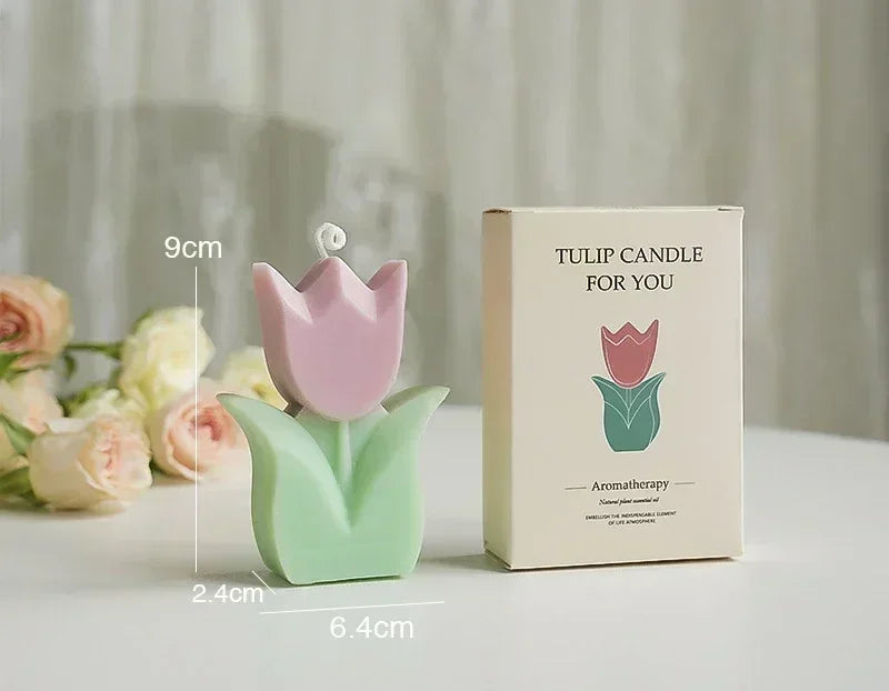 Pastel pink and green tulip-shaped aromatherapy candle, 9cm tall, presented with its decorative gift box.