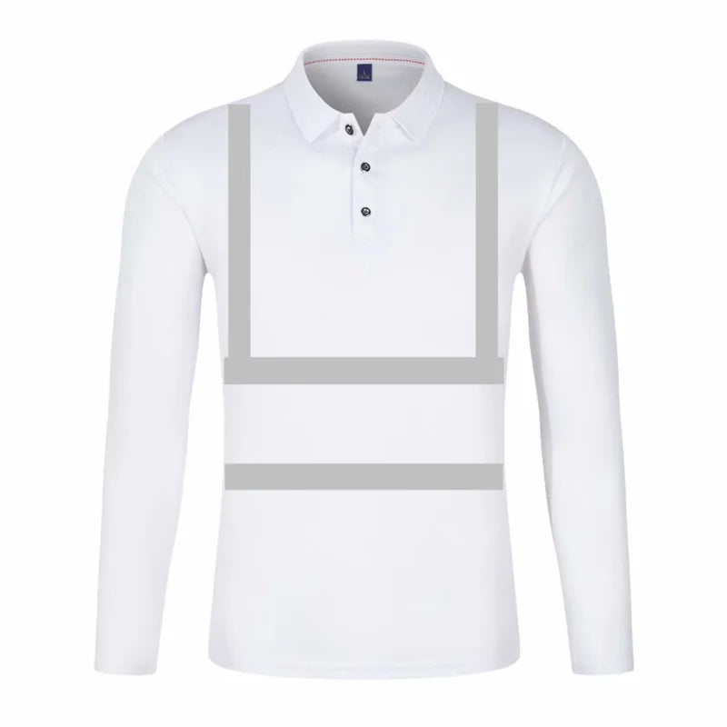 White long-sleeved polo work shirt with a buttoned collar and grey reflective safety strips on the chest.