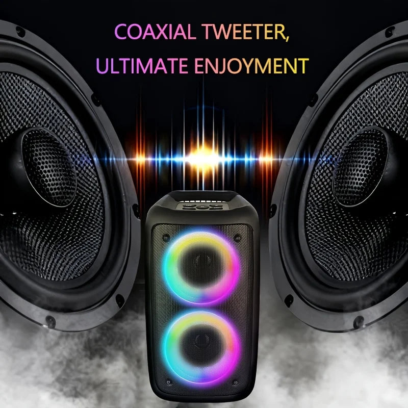Portable black wireless speaker with dual rings of vibrant RGB LED lighting and top-mounted control buttons.