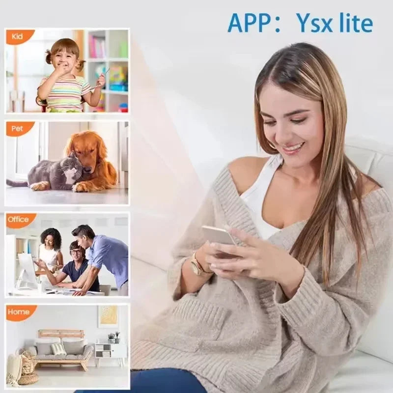 Woman monitoring a wireless 1080p security camera via smartphone, showing coverage for children, pets, office, and home.