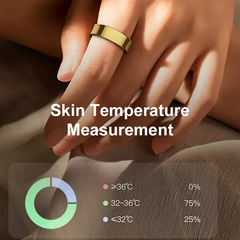 Sleek gold smart ring on a finger, displaying a skin temperature tracking chart with percentages.
