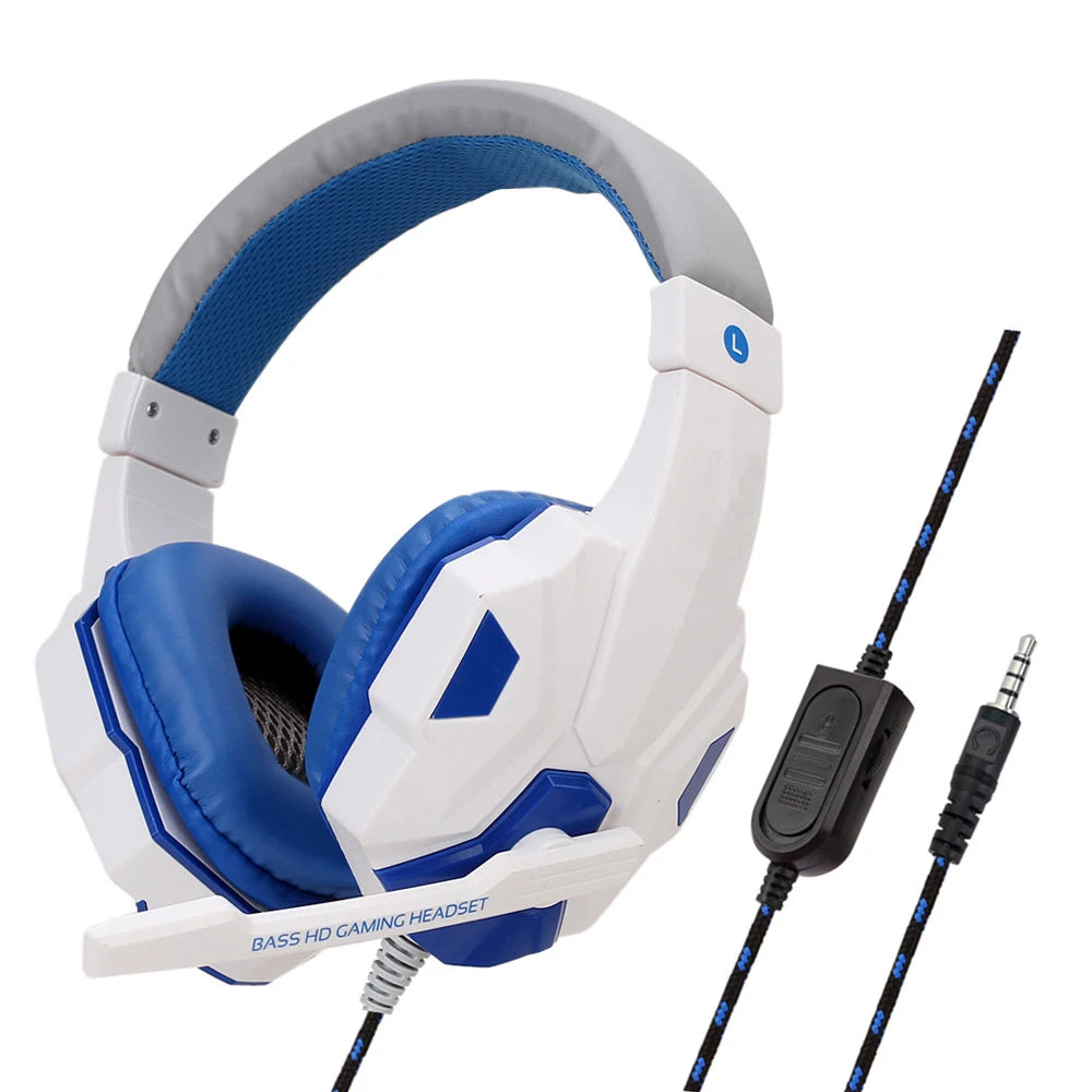 White and blue wired gaming headset with cushioned ear pads, adjustable microphone, and in-line volume control.