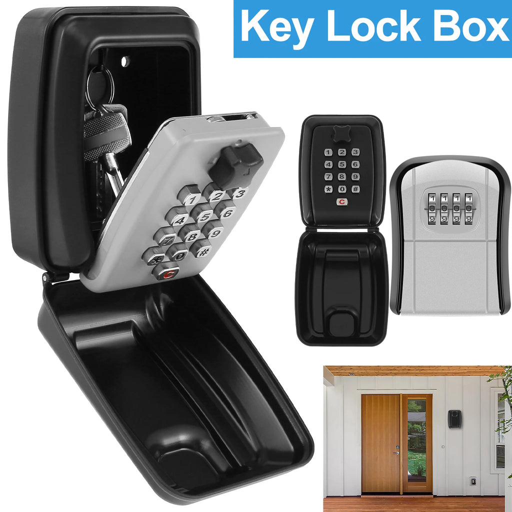 Black and grey metal wall-mounted key lock box with a push-button combination keypad and interior storage space.