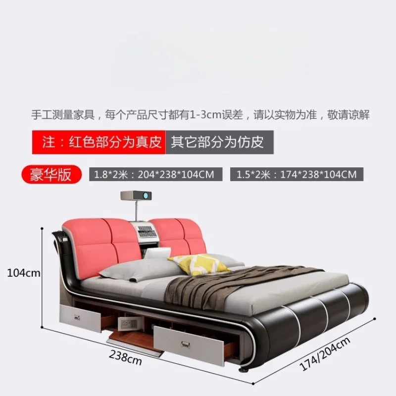Modern black and pink leather bed frame with built-in storage drawers, integrated projector, and bedside console.