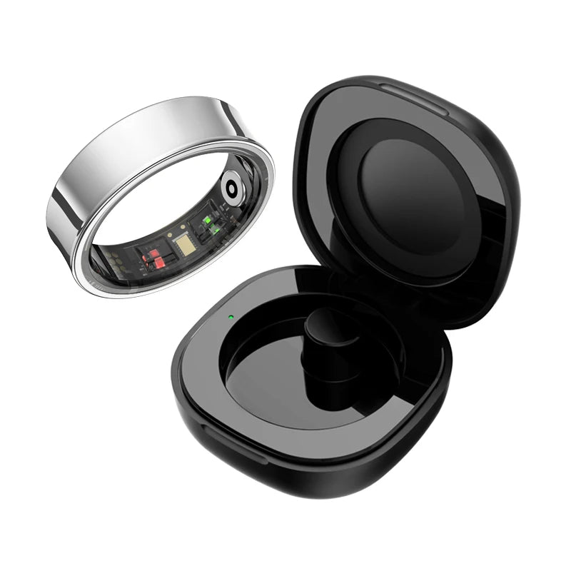 Silver health-monitoring smart ring with sensors, shown next to its open black charging case.