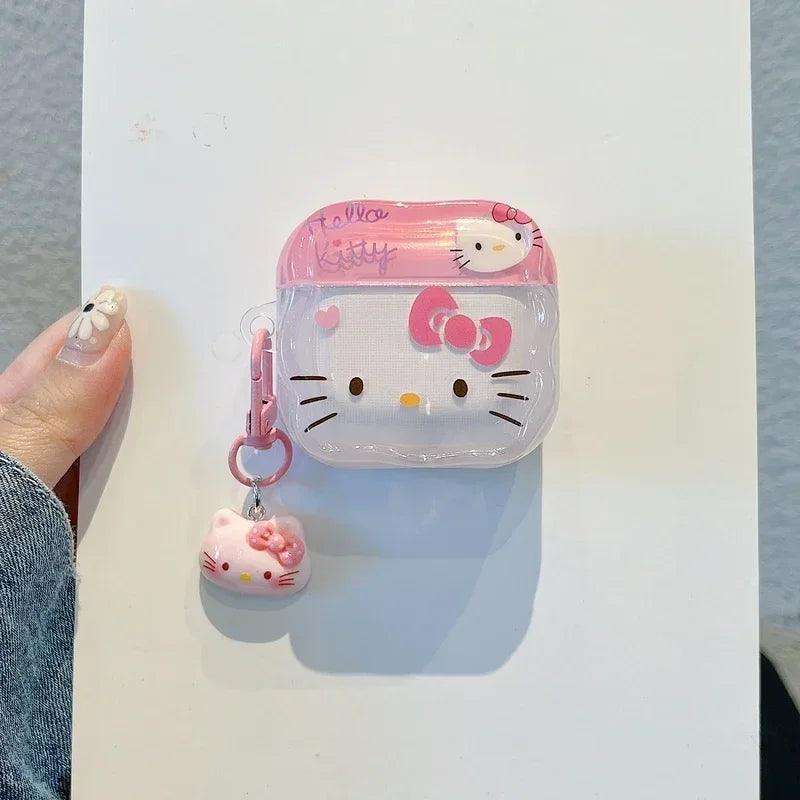 Pink clear plastic Hello Kitty AirPods case with matching charm, compatible with AirPods 3.