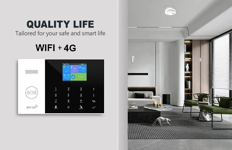 Sleek black and white smart home alarm panel with a colour touchscreen, SOS button, and RFID support in a modern room.