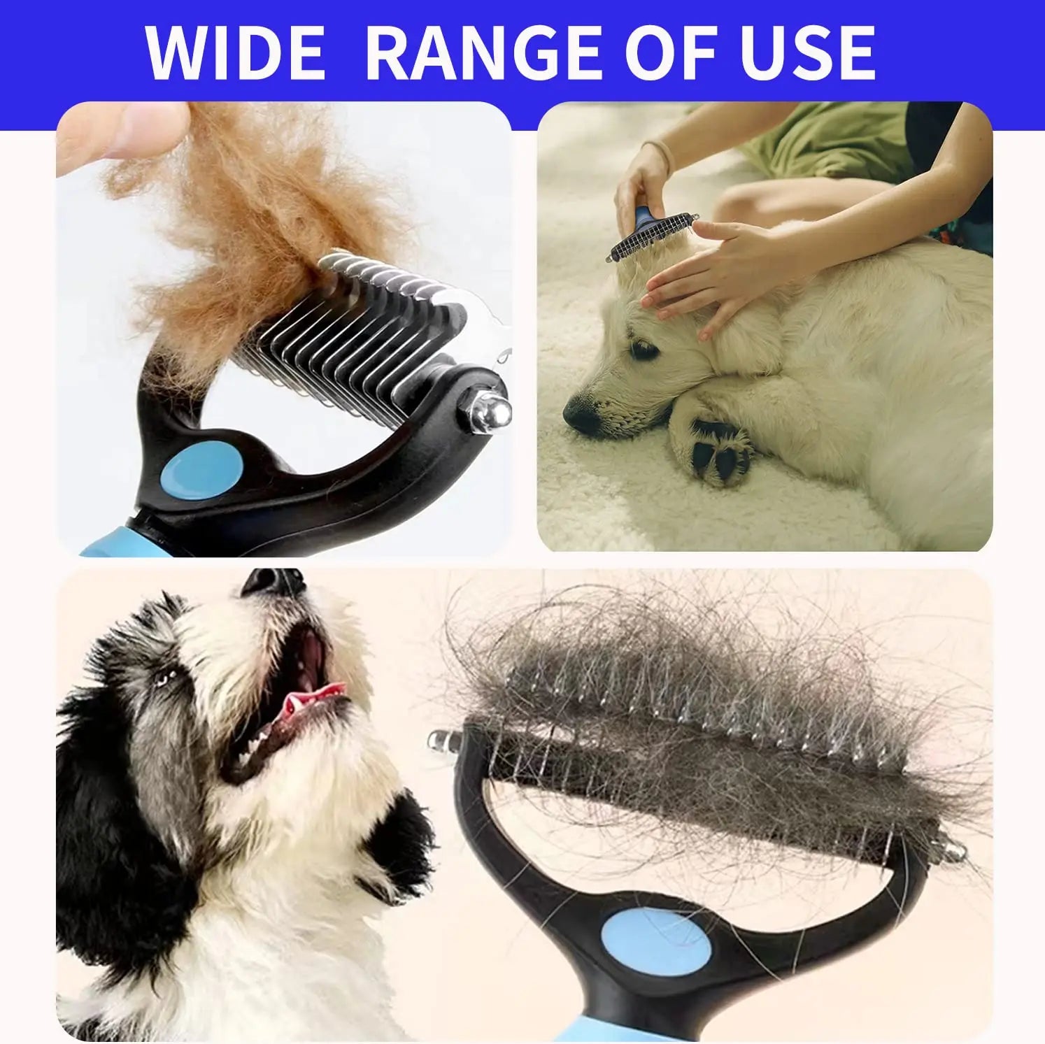 Black and blue pet grooming rake removing loose fur from dogs.