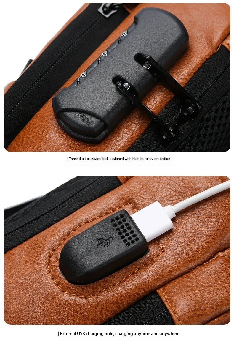 Close-up of a tan faux-leather crossbody bag featuring a three-digit combination lock and an external USB charging port.