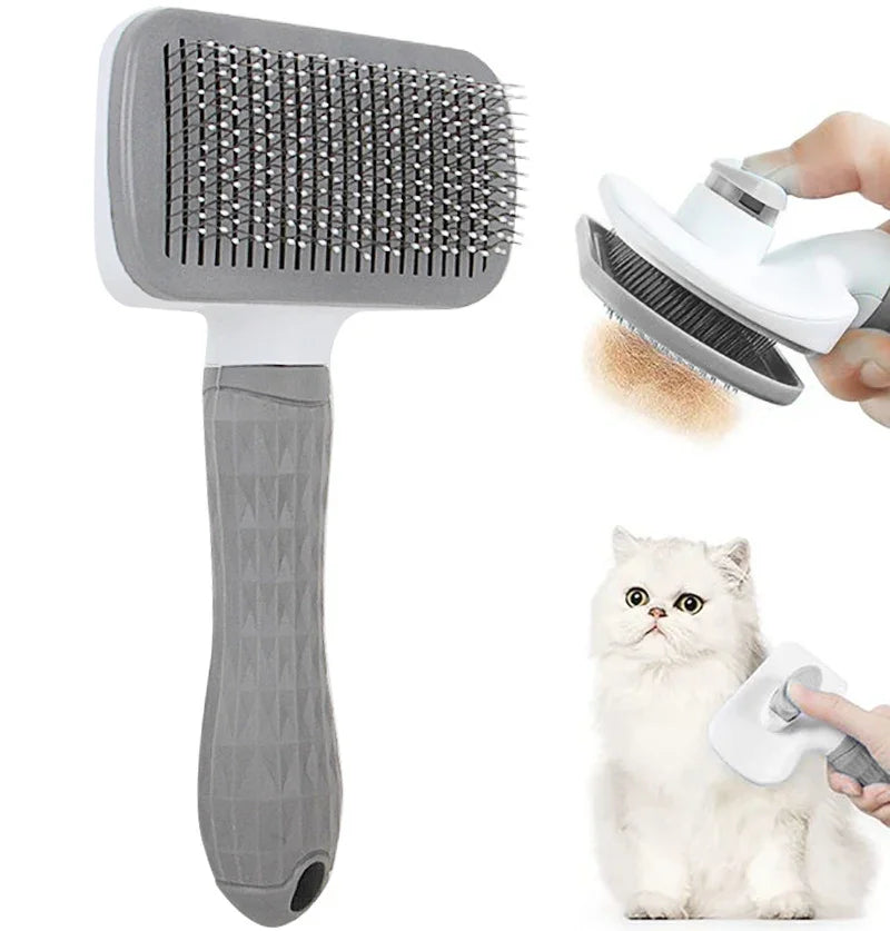 Grey and white self-cleaning pet slicker brush with a textured handle, shown grooming a white cat.
