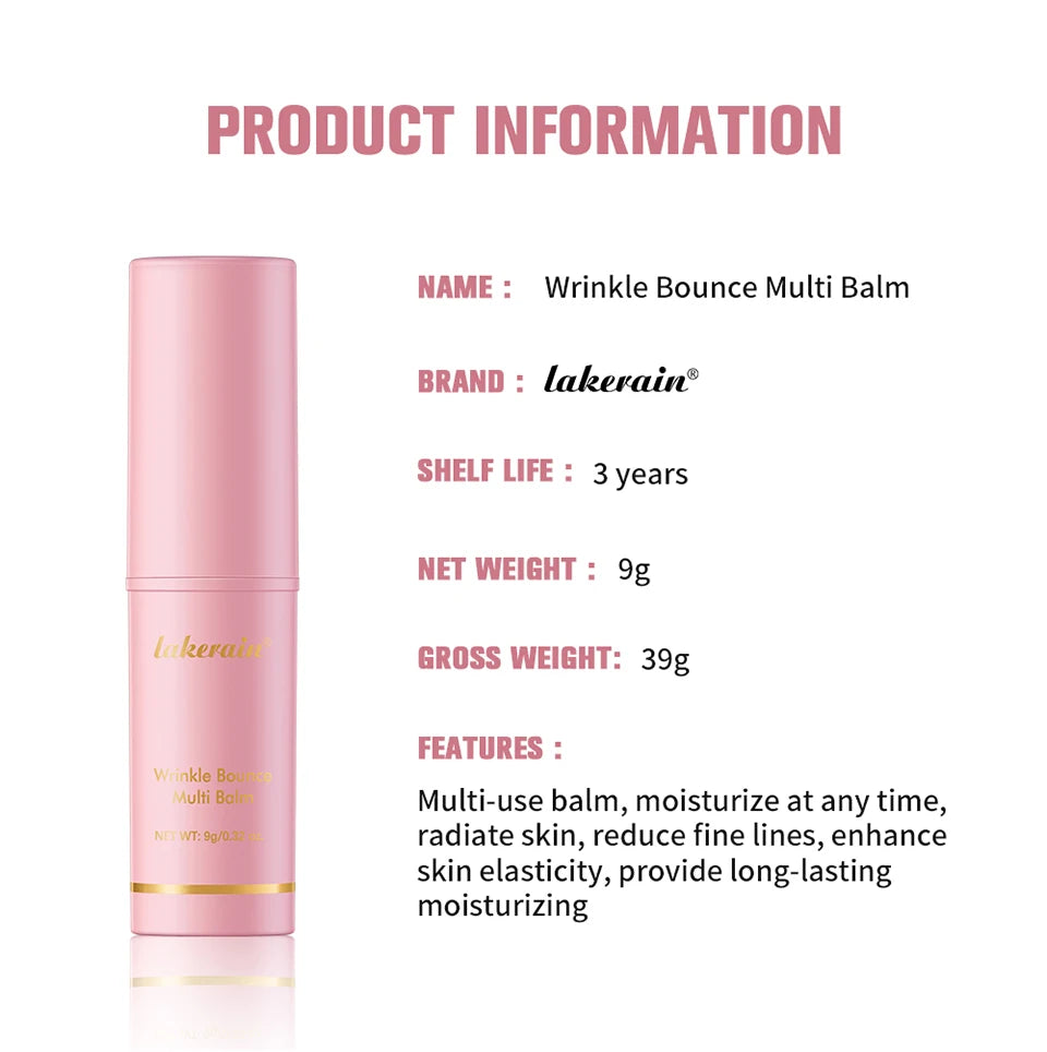 Pink anti-wrinkle multi-balm stick for moisturizing skin, reducing fine lines, and improving elasticity. 9g size.