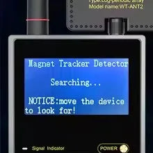 Portable silver bug and signal detector with a black digital screen displaying ‘Magnet Tracker Detector searching’.