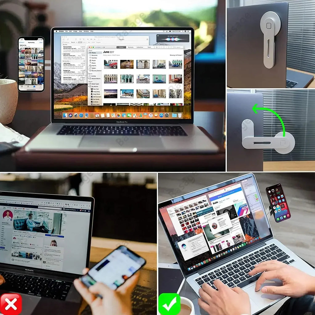 Silver magnetic phone holder for laptops, featuring a foldable, swivelling arm for side-mounted multitasking.