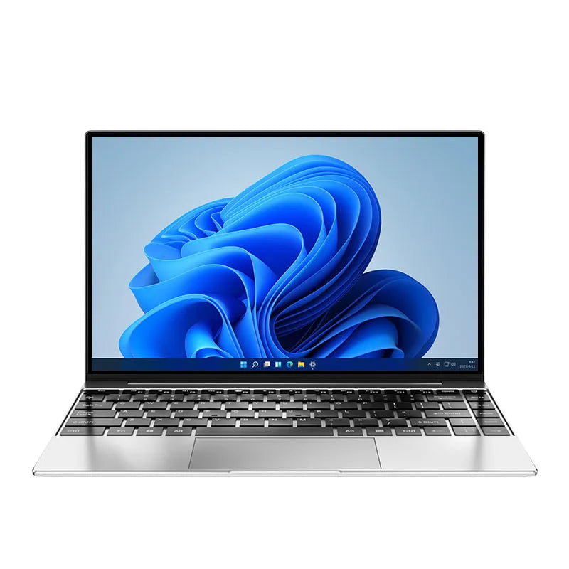 Sleek 14.1-inch ultra-slim silver laptop with thin bezels, black keyboard and Windows 11 desktop display.