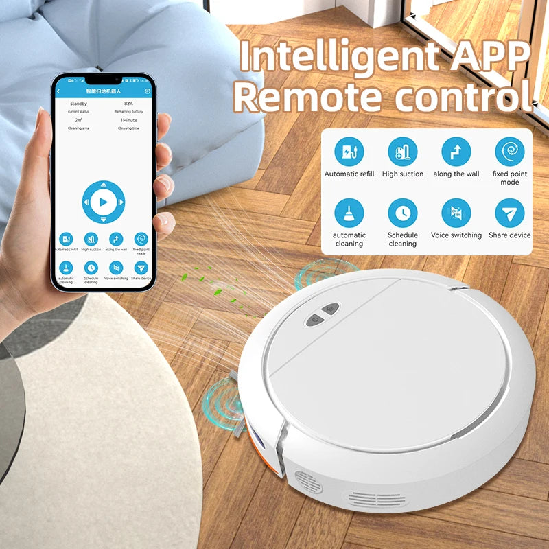 Smartphone app controlling a white robotic vacuum cleaner on wood floor with feature icons overhead.
