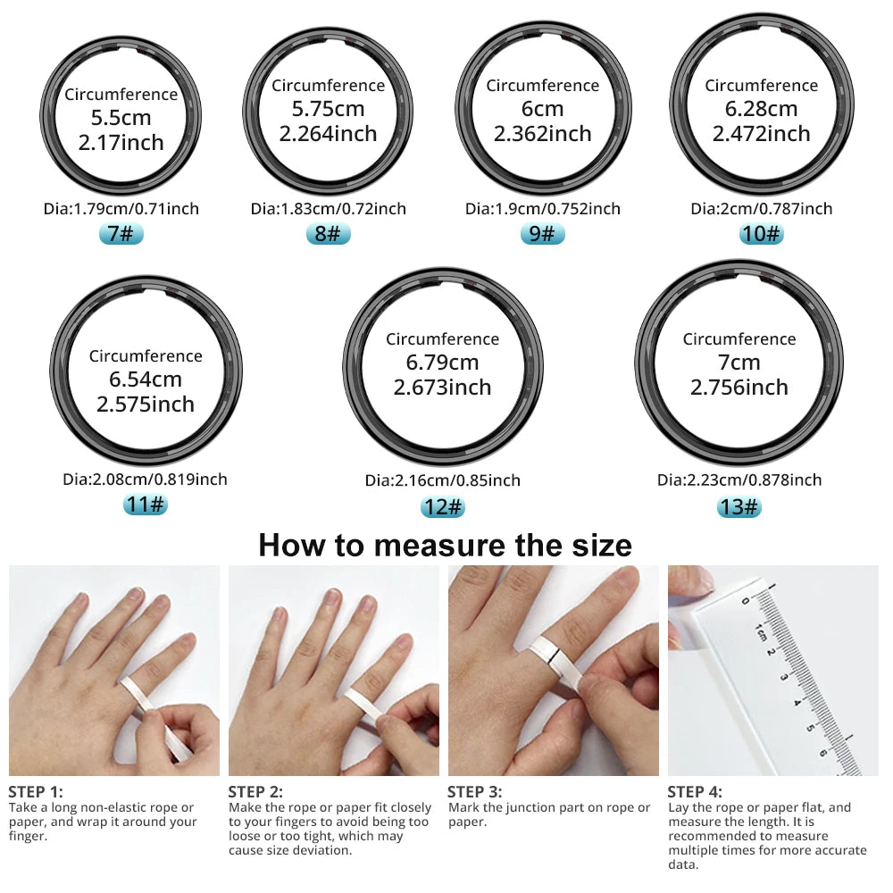 A size guide for a sleek black smart health ring, showing seven ring sizes and a four-step measuring tutorial.