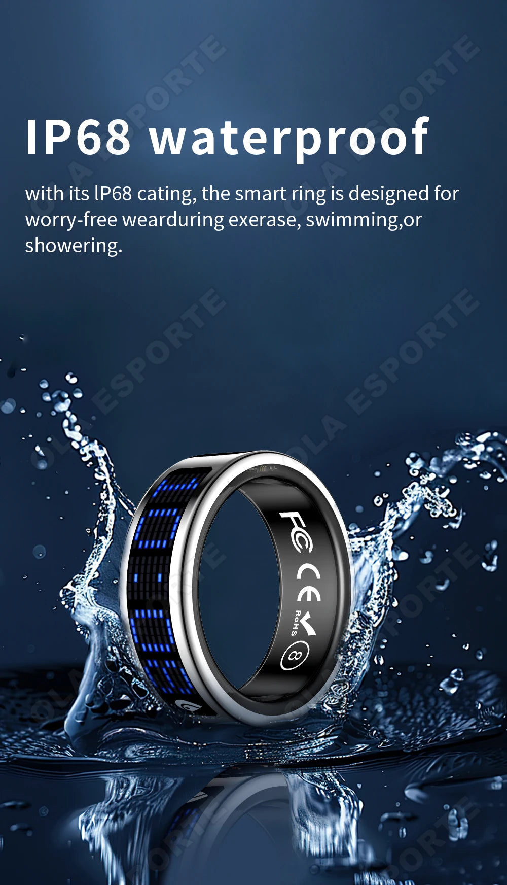 Sleek silver and black smart fitness ring with blue light display, shown splashing in water to highlight IP68 rating.