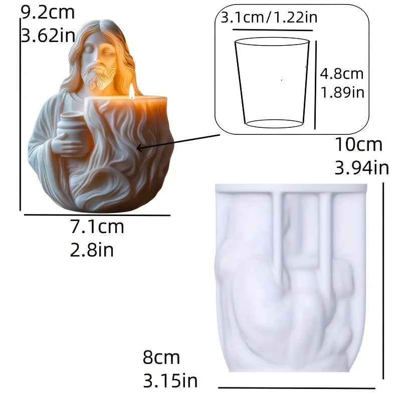 White silicone mold for a Jesus candle holder with dimensions and a finished lighted candle.
